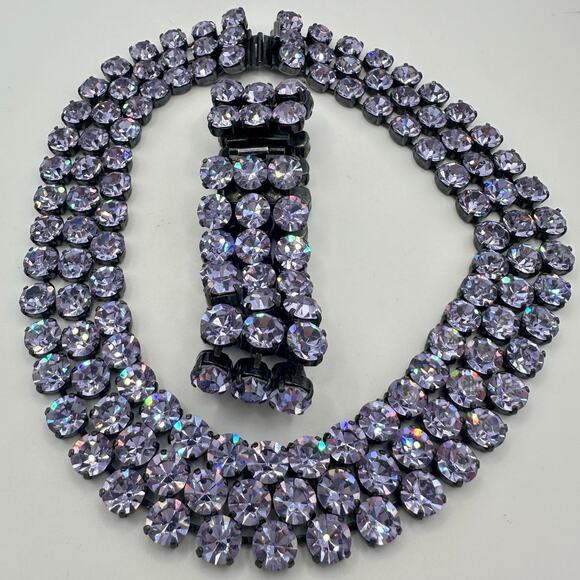 Vintage pewter tone Swarovski alexandrite rhinestones necklace bracelet parure - Picture 4 of 11